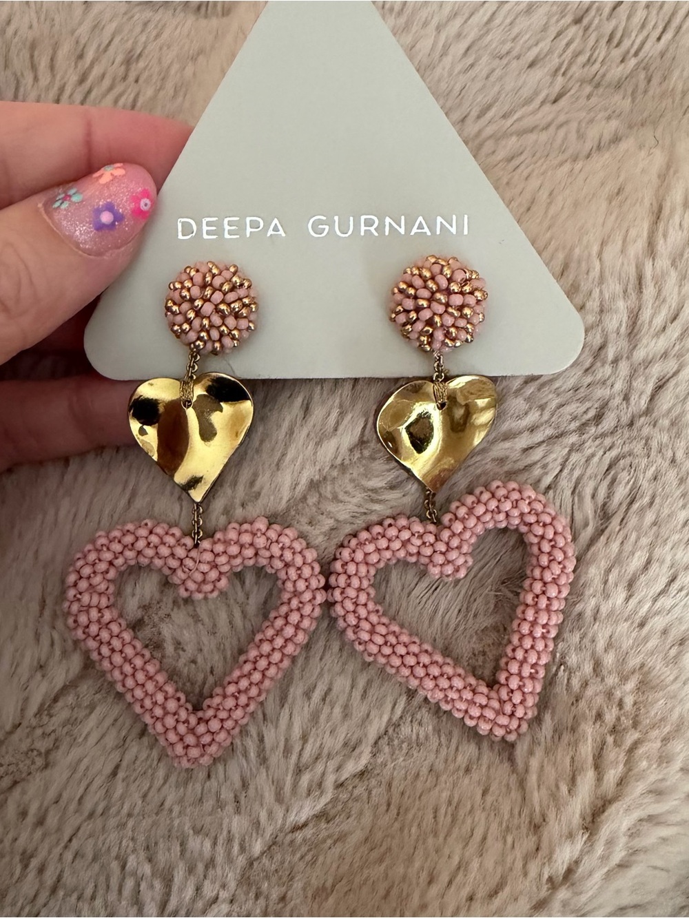 Deepa gurnani Pink Beaded Heart Drop Earrings